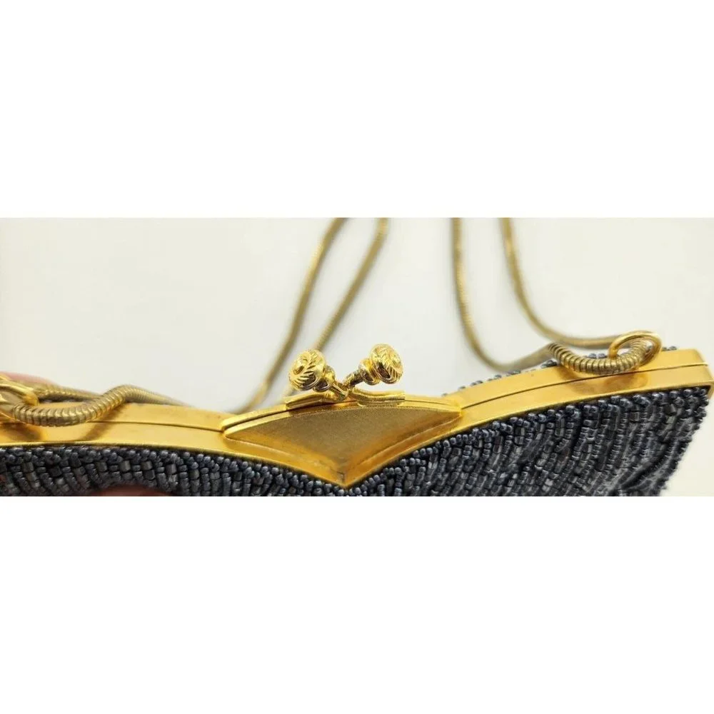 Vintage Ed B Robinson Beaded‎ Handbag Clutch with Gold Strap Small Purse Blue